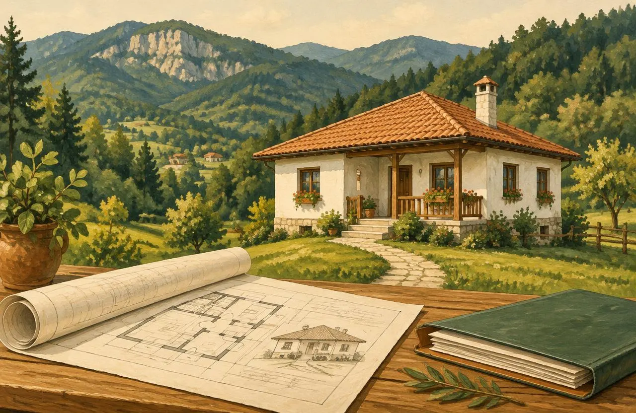 Ilustrație: casă terminată între dealuri, cu planul casei și dosarul cu acte pe masă