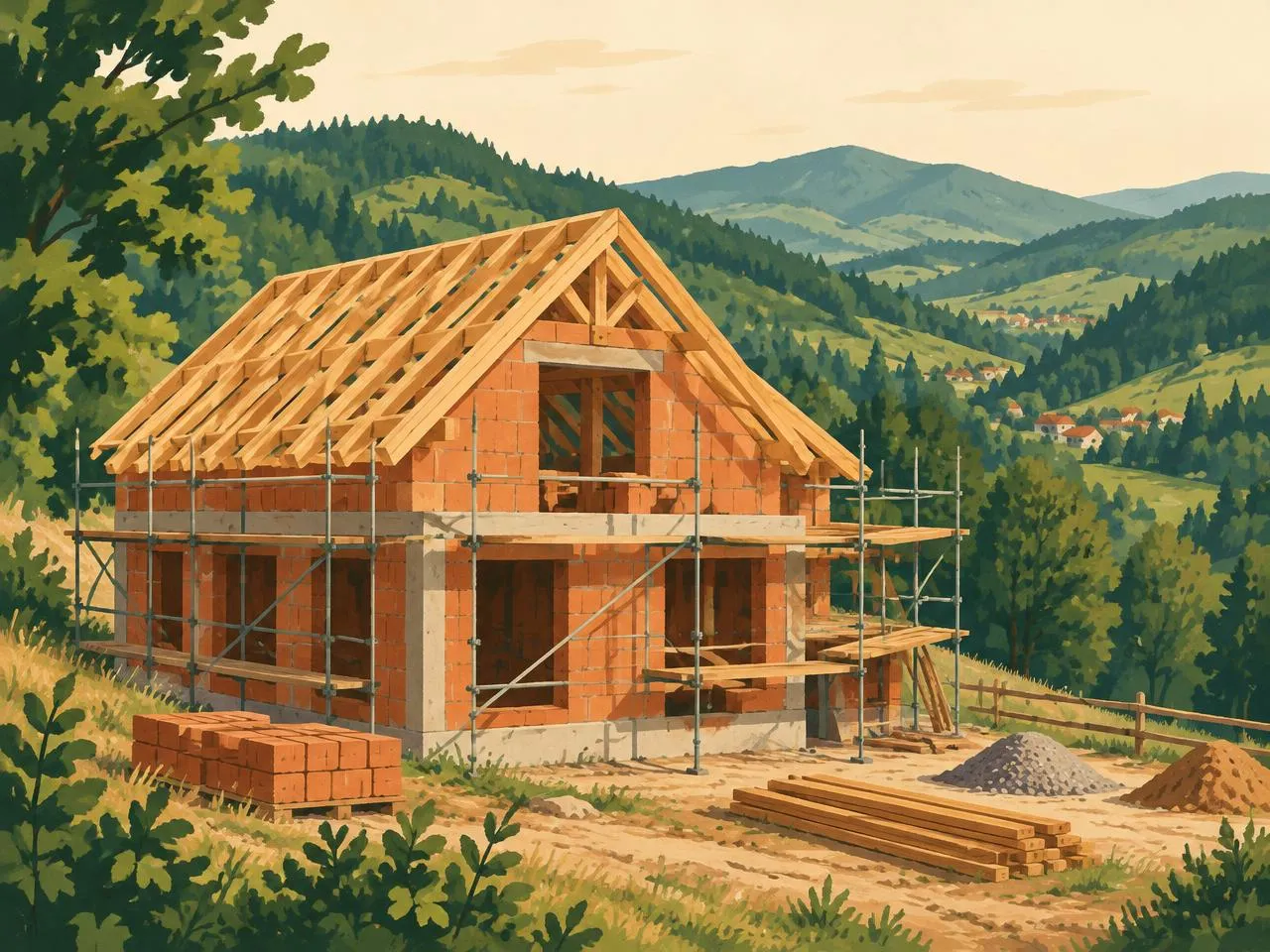 Ilustrație: casă în construcție între dealurile Vâlcii
