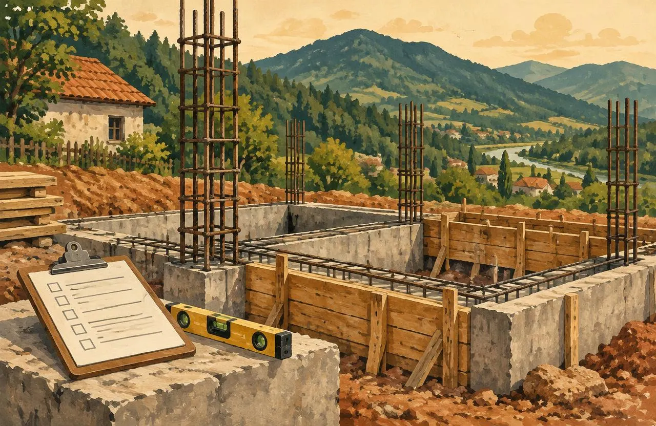 Ilustrație: fundație de casă cu armătură și cofraje, pregătită pentru verificare