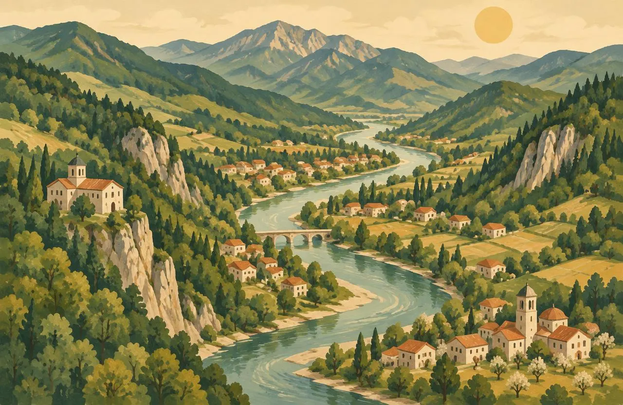 Ilustrație: valea Oltului între dealurile și munții Vâlcii, cu sate pe malul râului